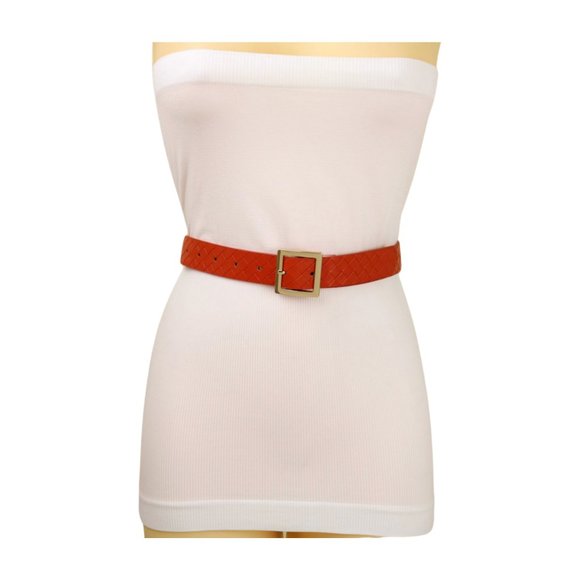 Women Orange Color Basket Weave Skinny Belt Gold Metal Square Buckle Size S M - Picture 5 of 17